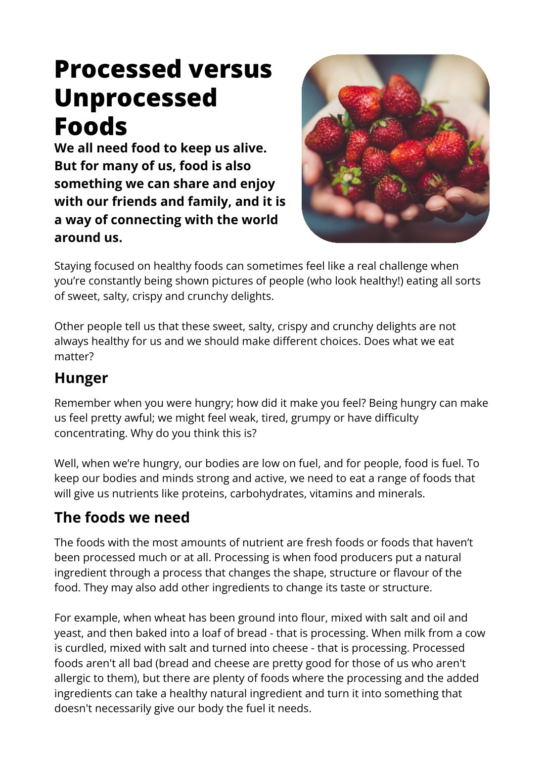 First page of Processed versus Unprocessed Foods Factsheet