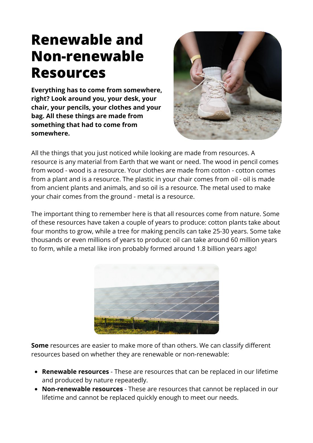 First page of Renewable and Non-renewable Resources Factsheet