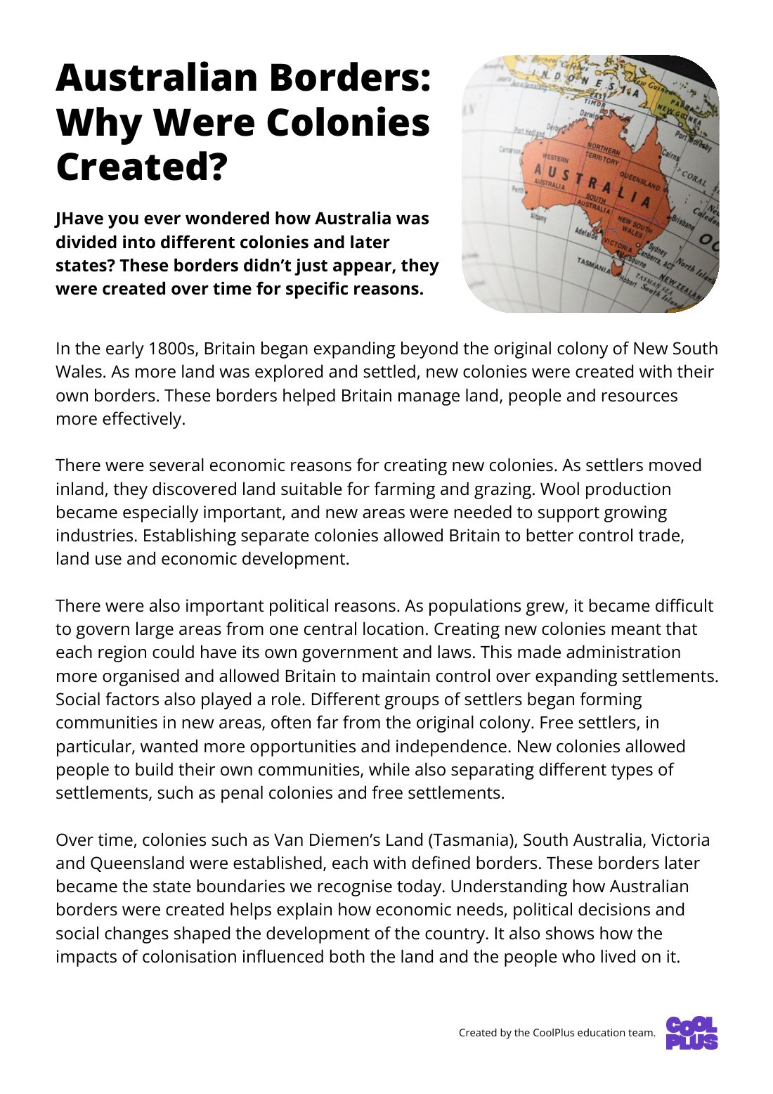First page of Australian Borders: Why Were Colonies Created Factsheet