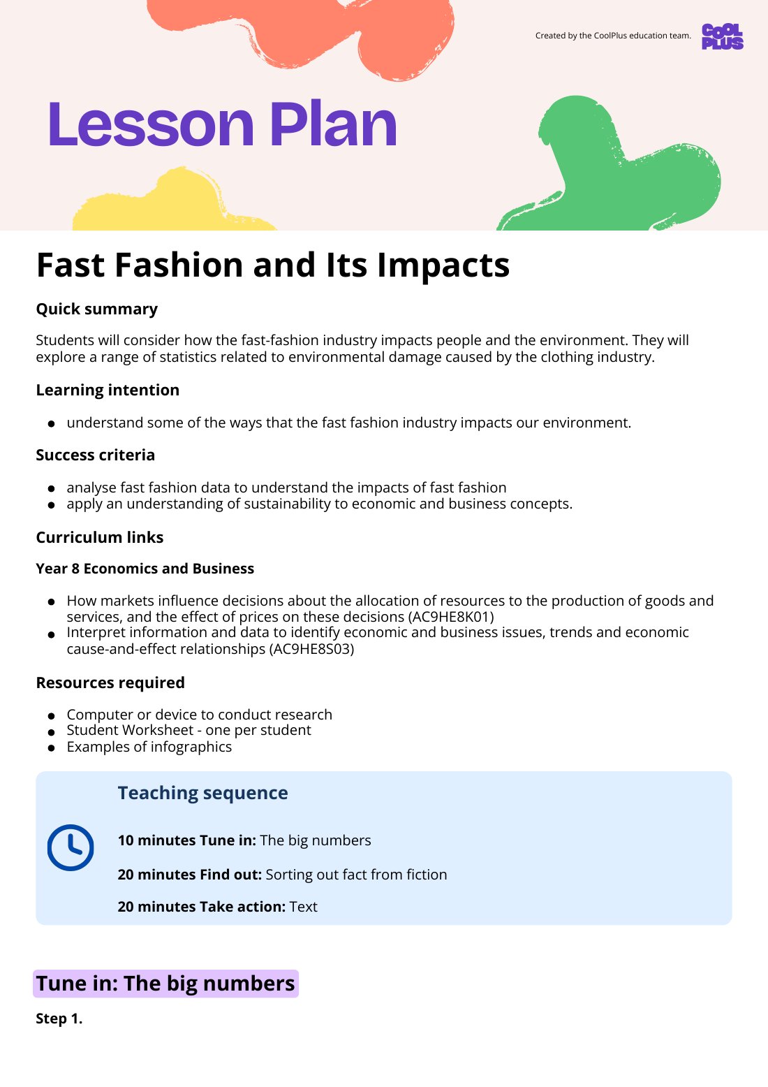 First page of Fast Fashion and its Impacts Lesson Plan