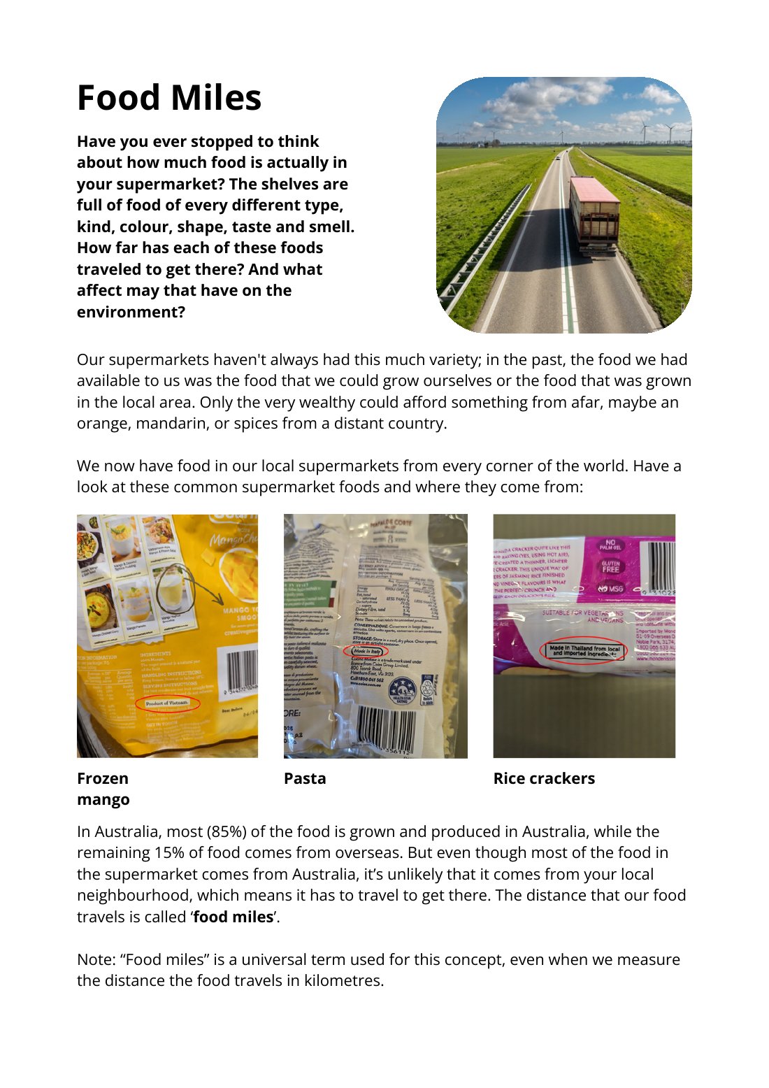 First page of Food Miles Factsheet