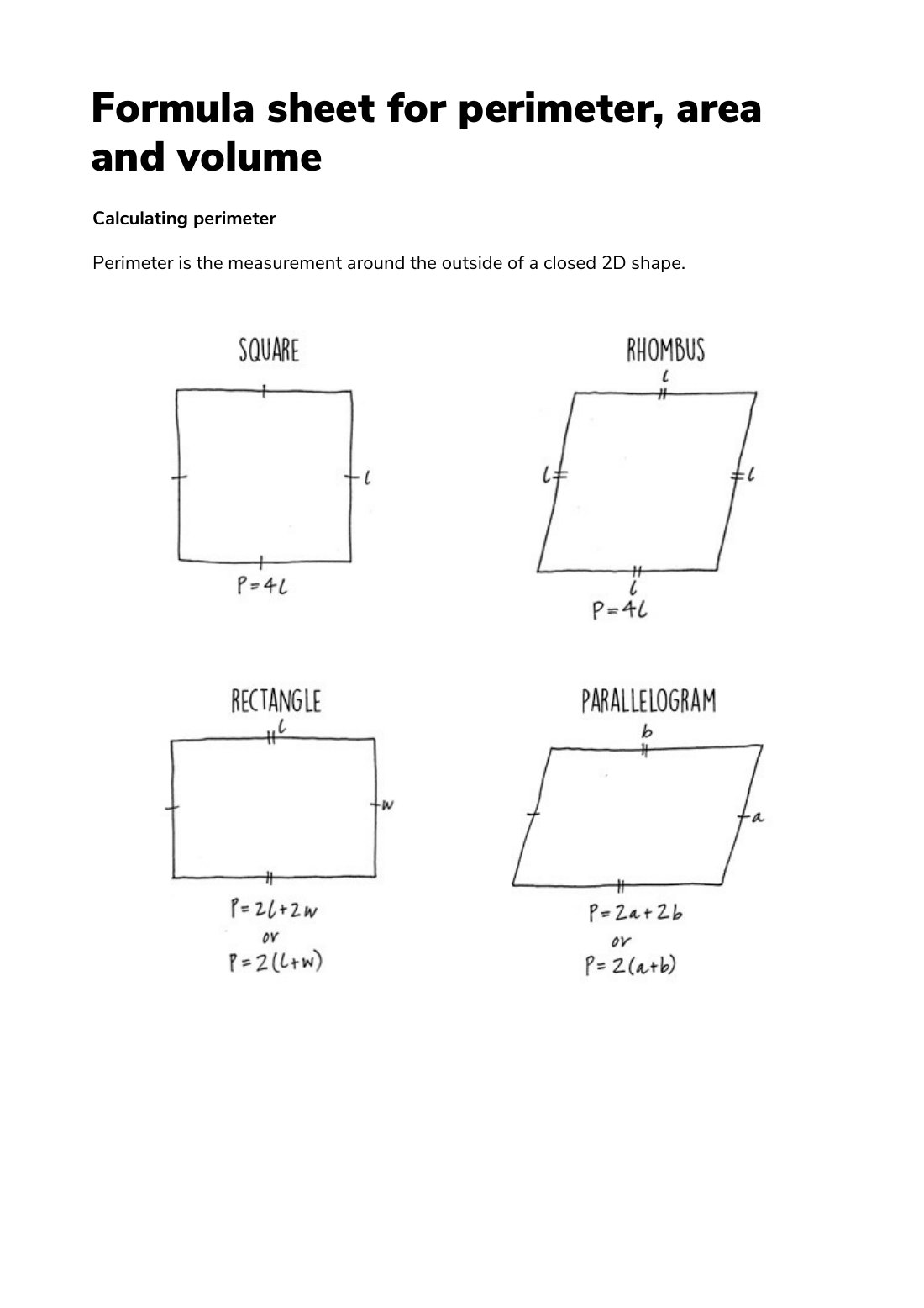 First page of Formula Sheet Perimeter Area Volume Factsheet