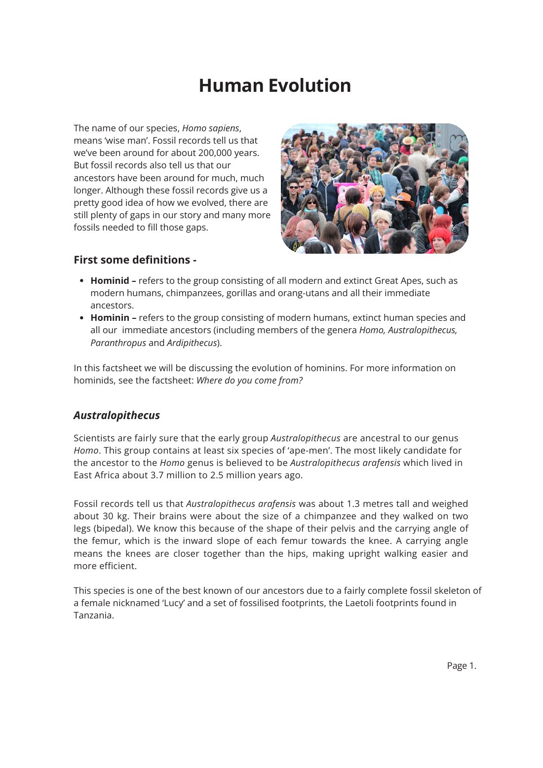 First page of Human Evolution Factsheet