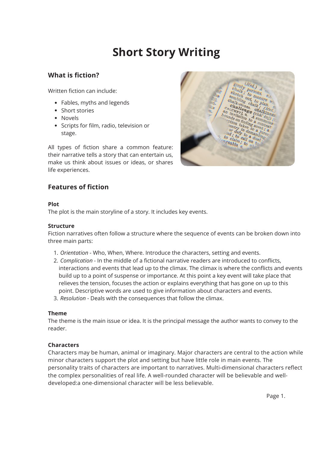First page of Short Story Writing Factsheet