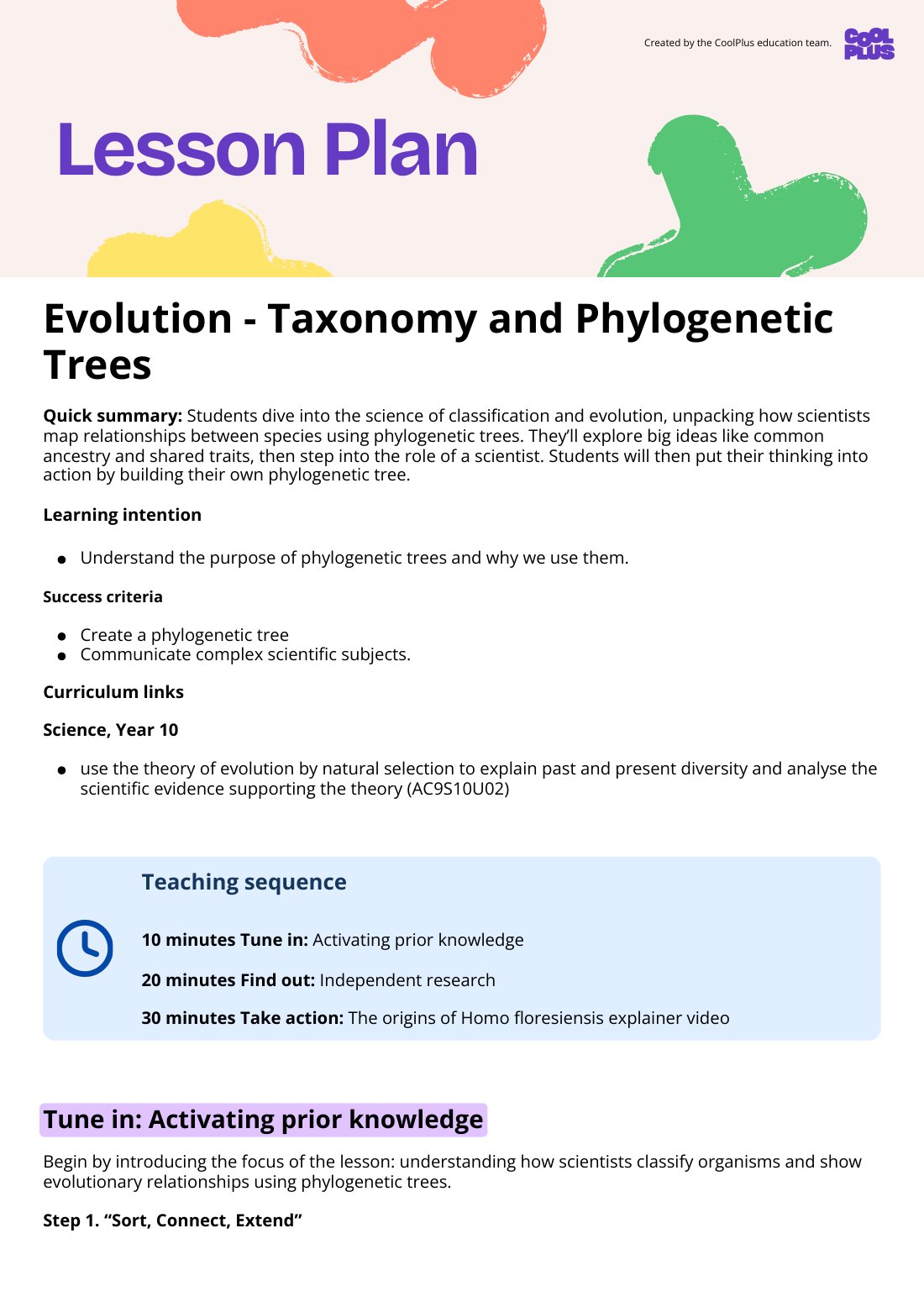 First page of Evolution Taxonomy and Phylogenetic Trees Lesson
