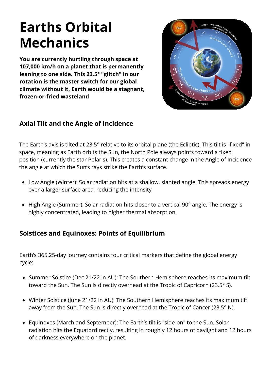 First page of Earths Orbital Mechanics Factsheet
