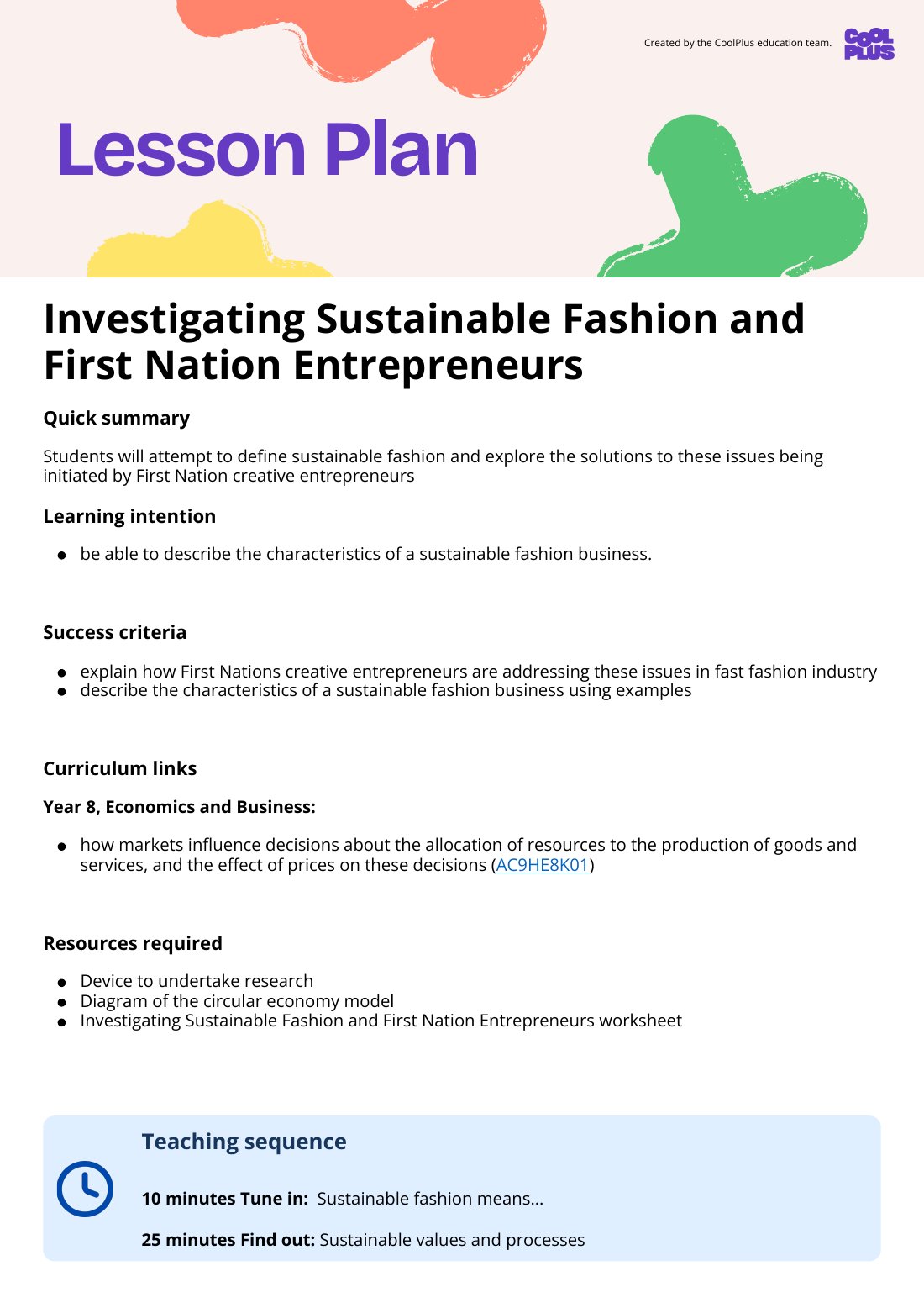 First page of Investigating Sustainable Fashion and First Nation Entrepreneurs Lesson Plan