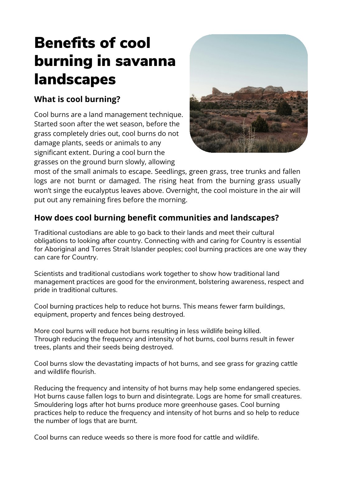 First page of Benefits of Cool Burning in Savanna Landscapes Factsheet