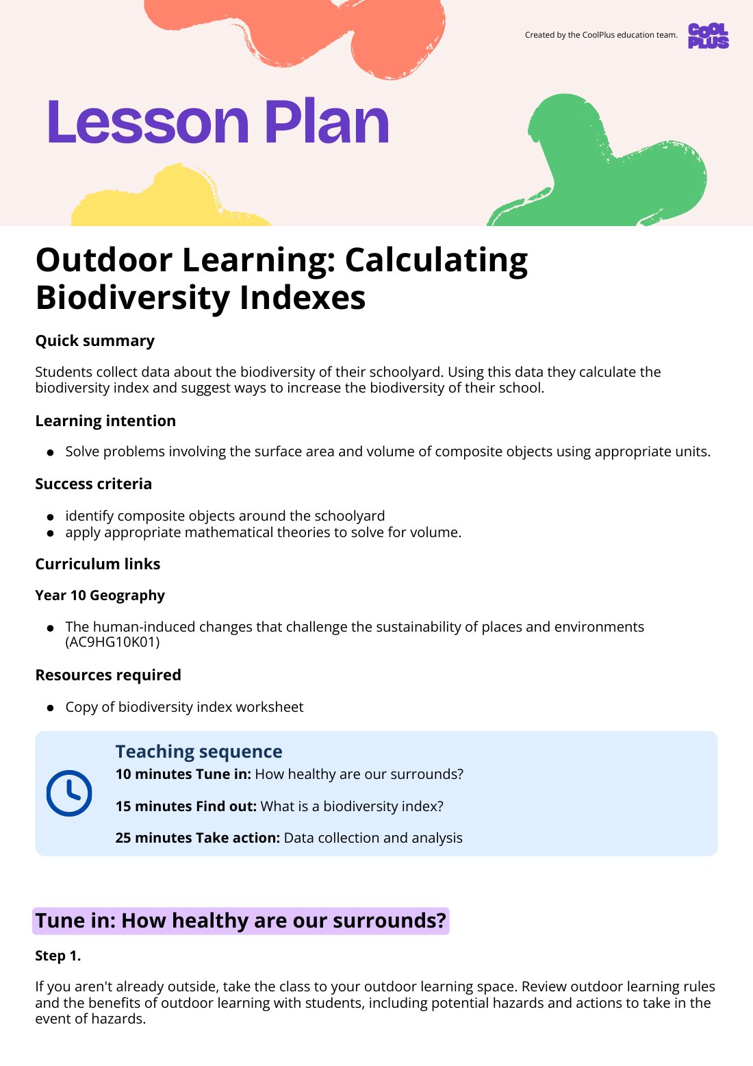 First page of Outdoor Learning: Calculating Biodiversity Indexes Lesson Plan