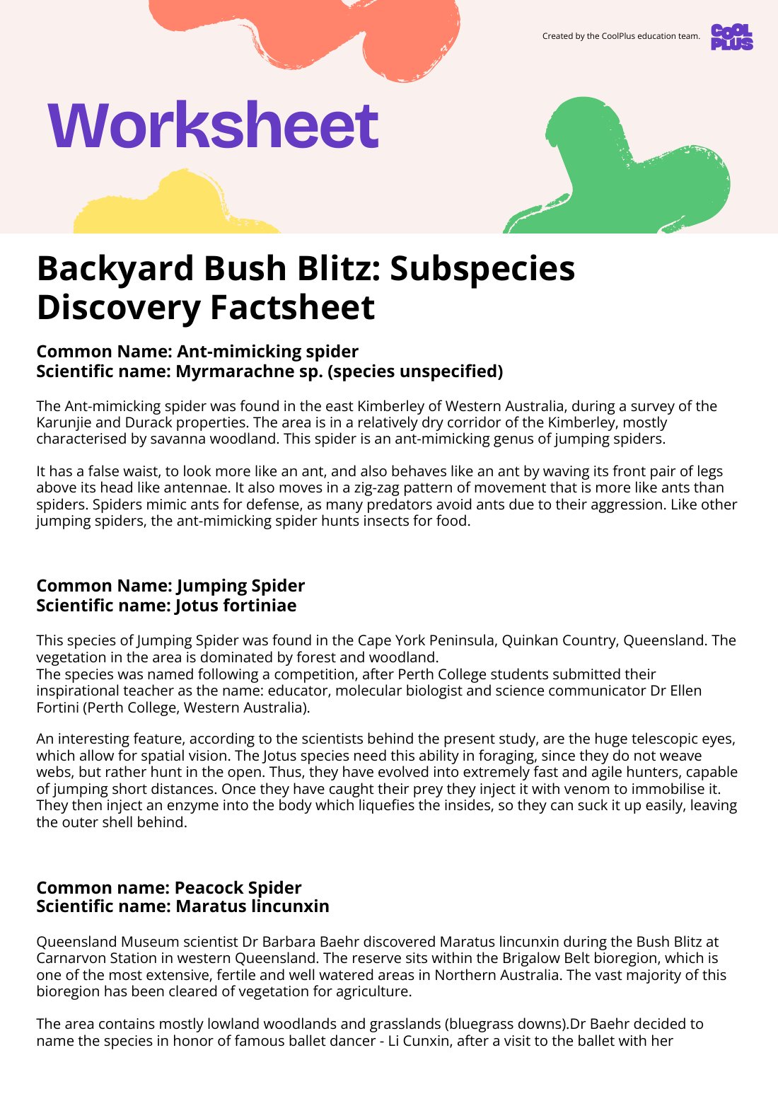 First page of Backyard Bush Blitz: Subspecies Discovery Factsheet