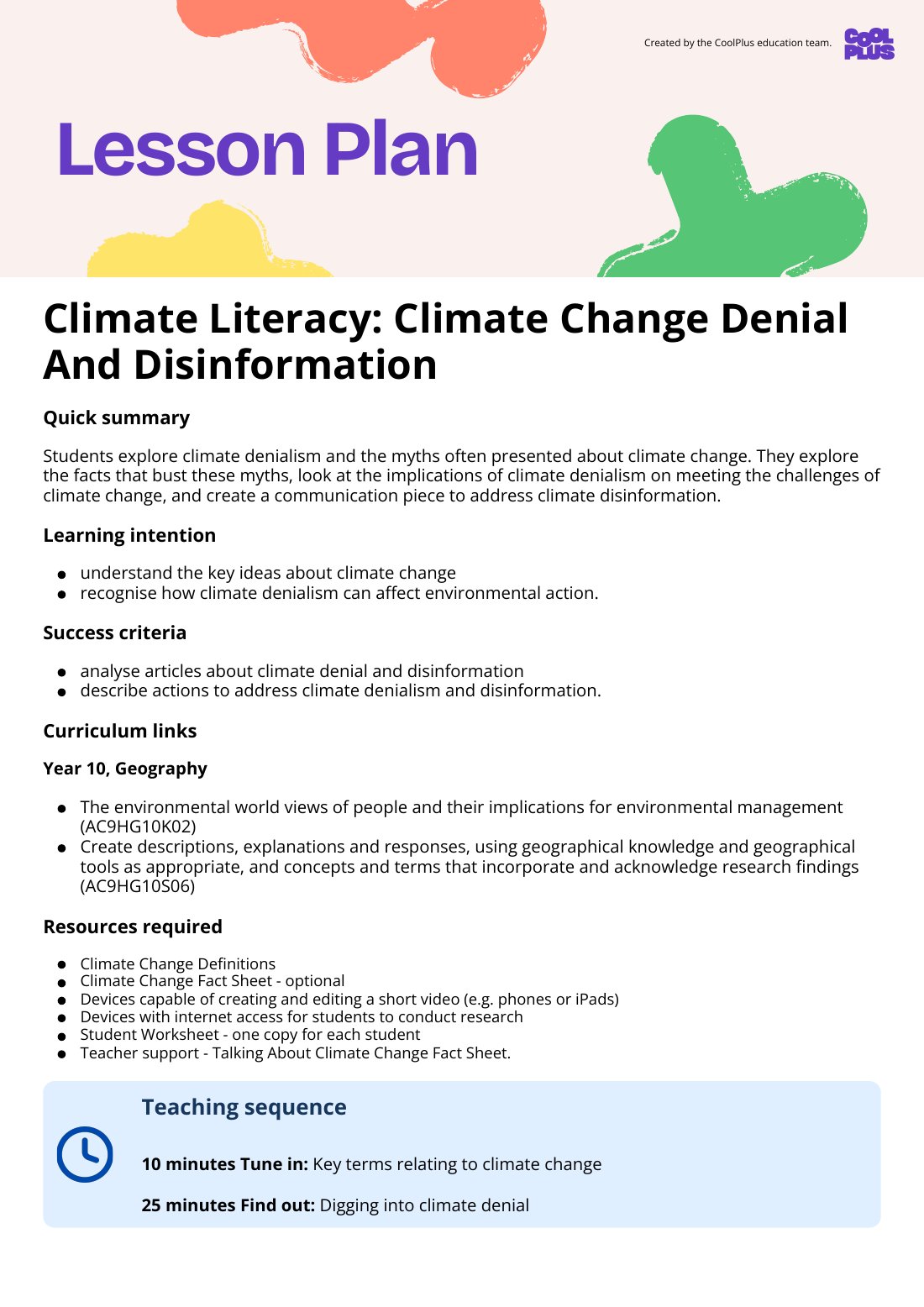 First page of Climate Literacy: Climate Change Denial And Disinformation Lesson Plan