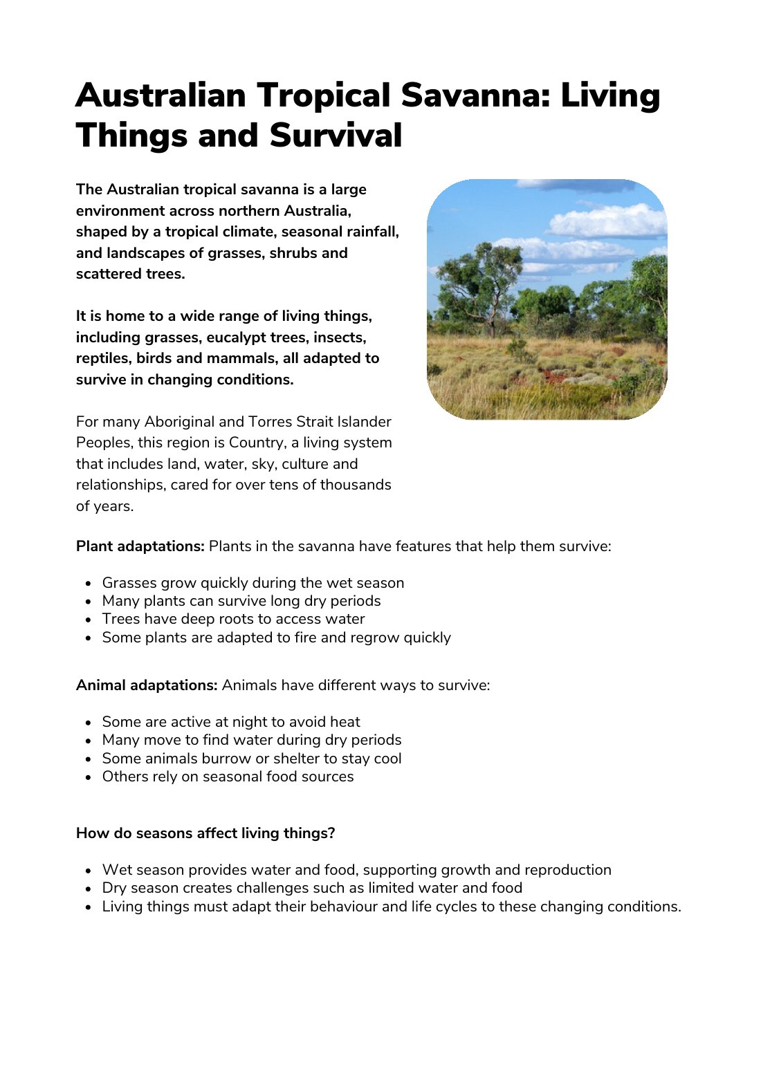 First page of Australian Tropical Savanna: Living Things and Survival Factsheet