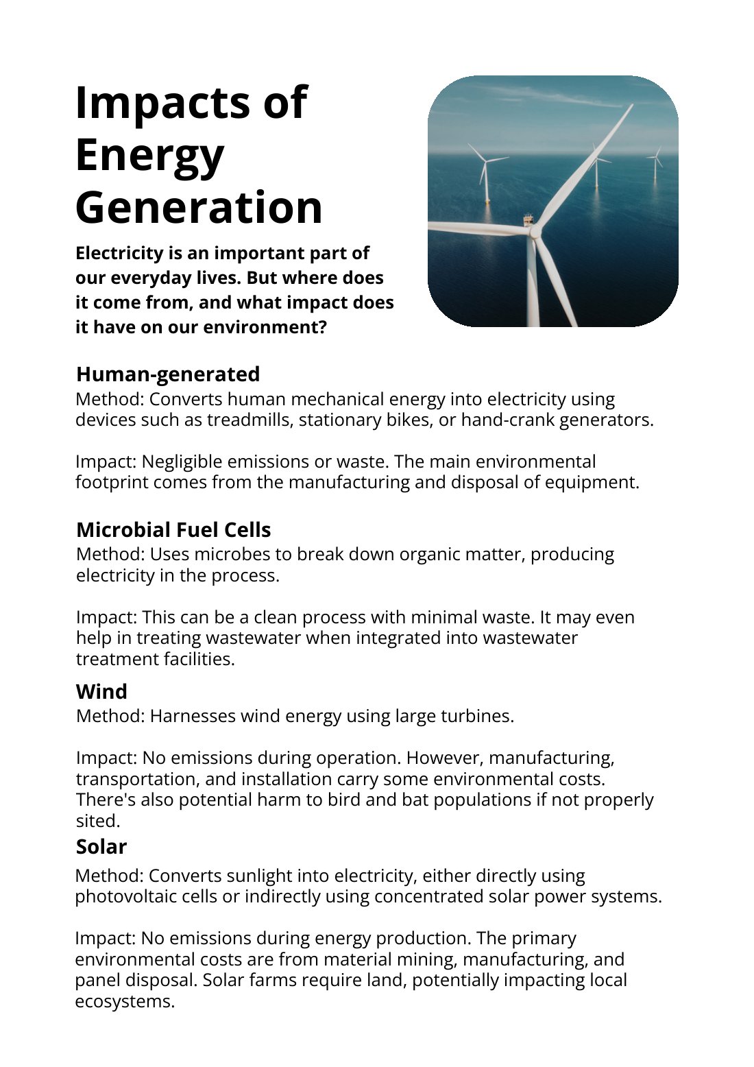 First page of Impacts of Energy Generation Factsheet