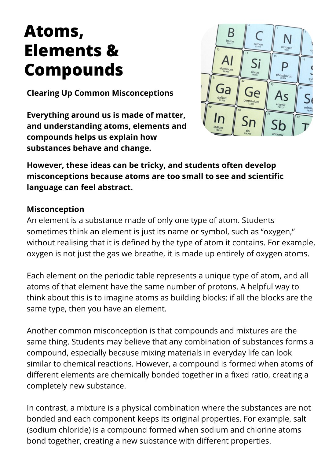 First page of Atoms, Elements, Compounds Common Misconceptions Factsheet