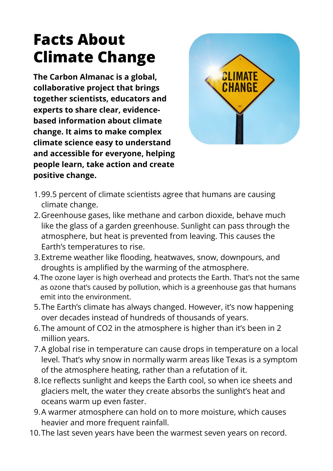 First page of Facts About Climate Change the Carbon Almanac Factsheet