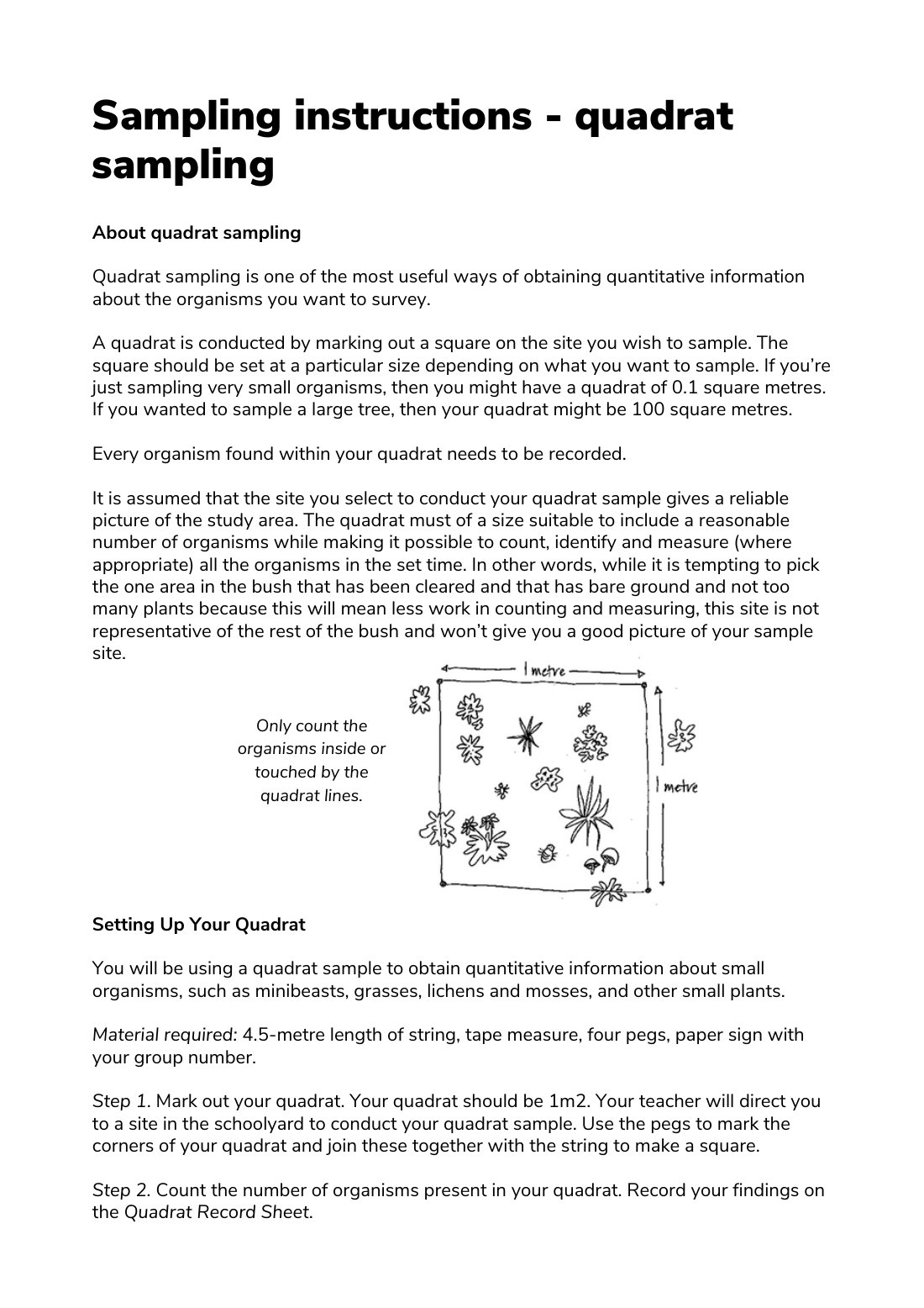 First page of Quadrat Transect Sampling Factsheet