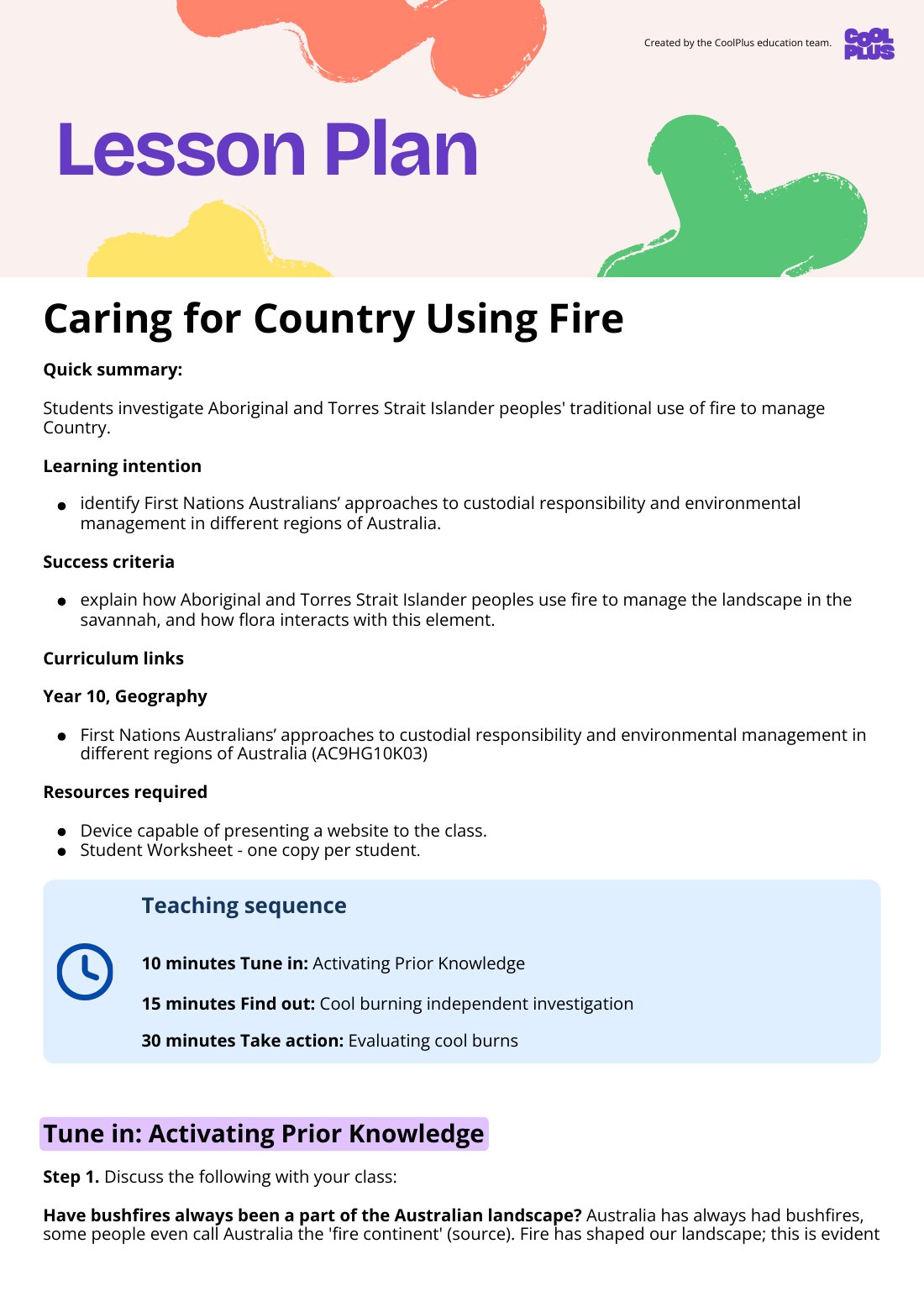 First page of Caring for Country Using Fire Lesson Plan