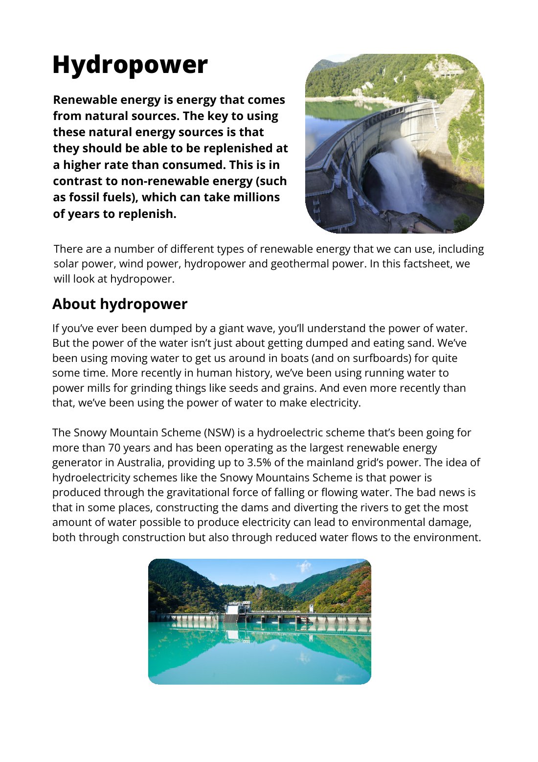 First page of Hydropower Factsheet