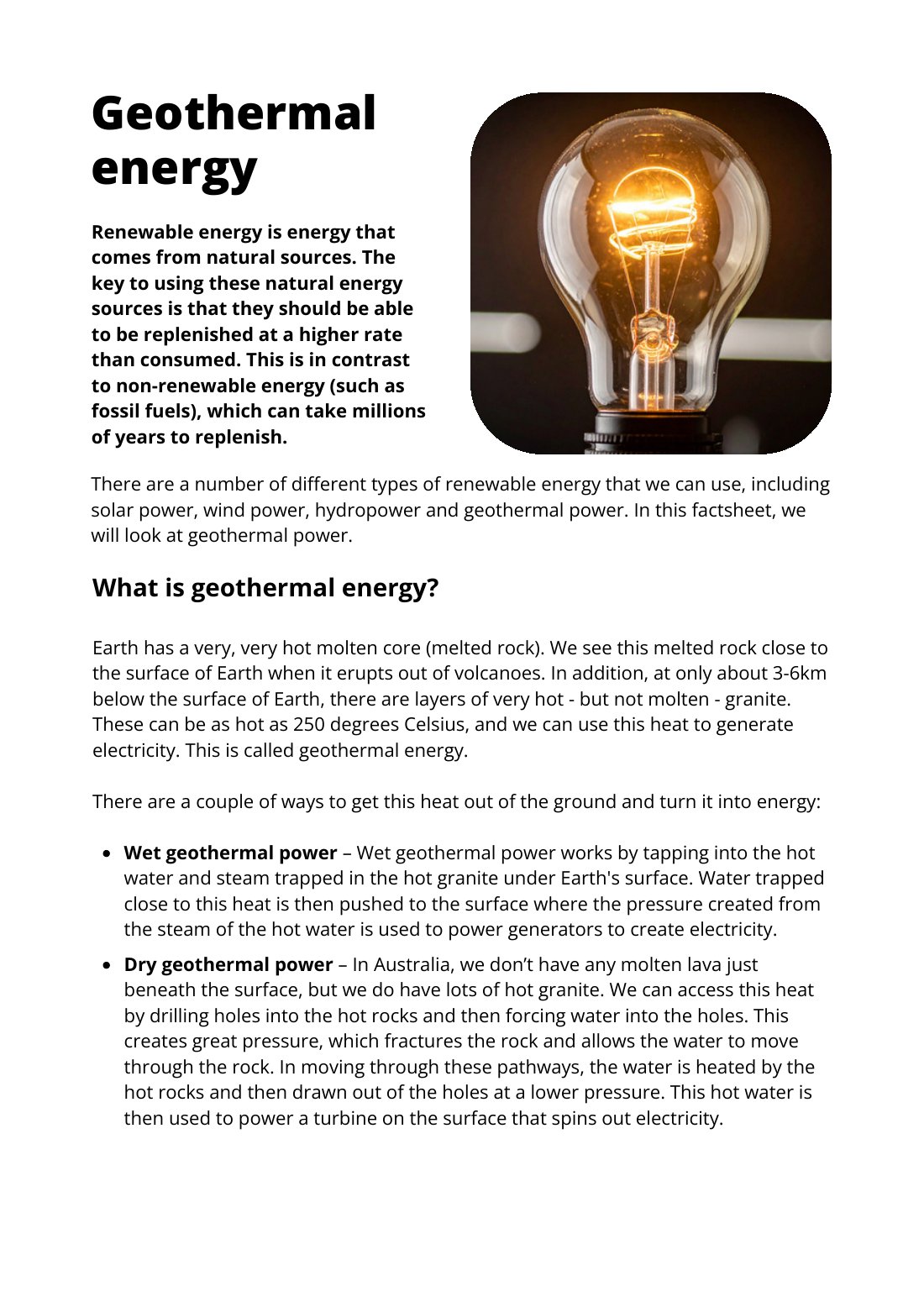 First page of Geothermal Energy Factsheet