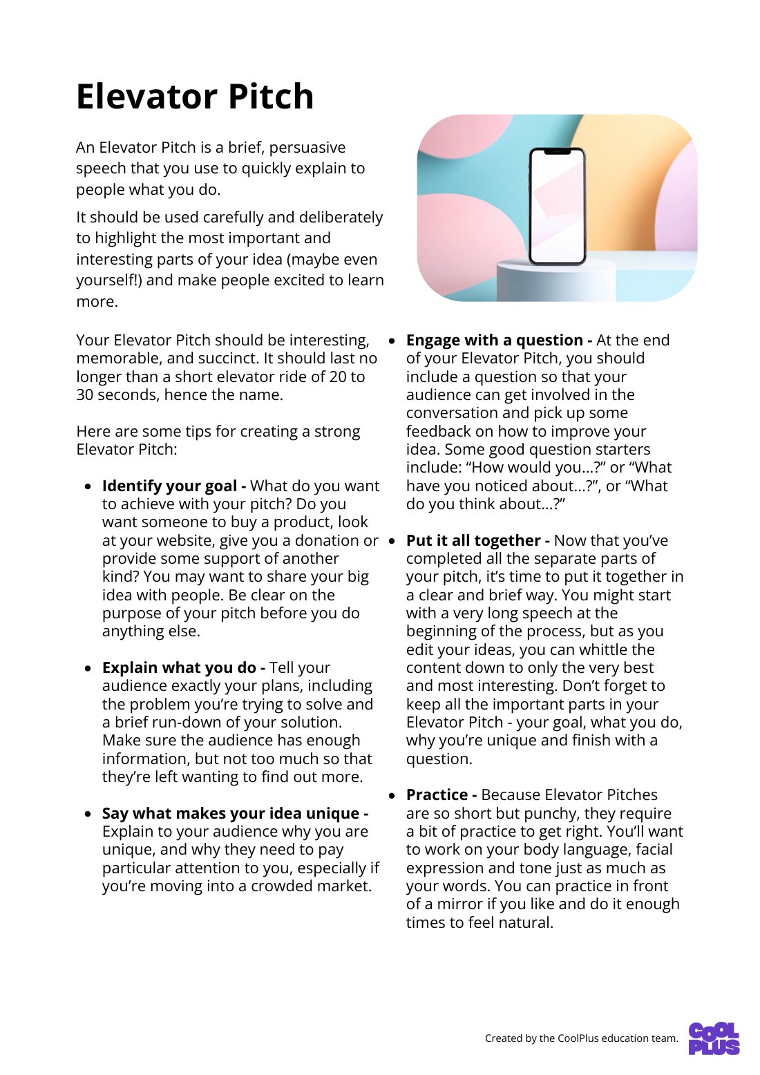 First page of Guide - Smartphone Elevator Pitch Factsheet