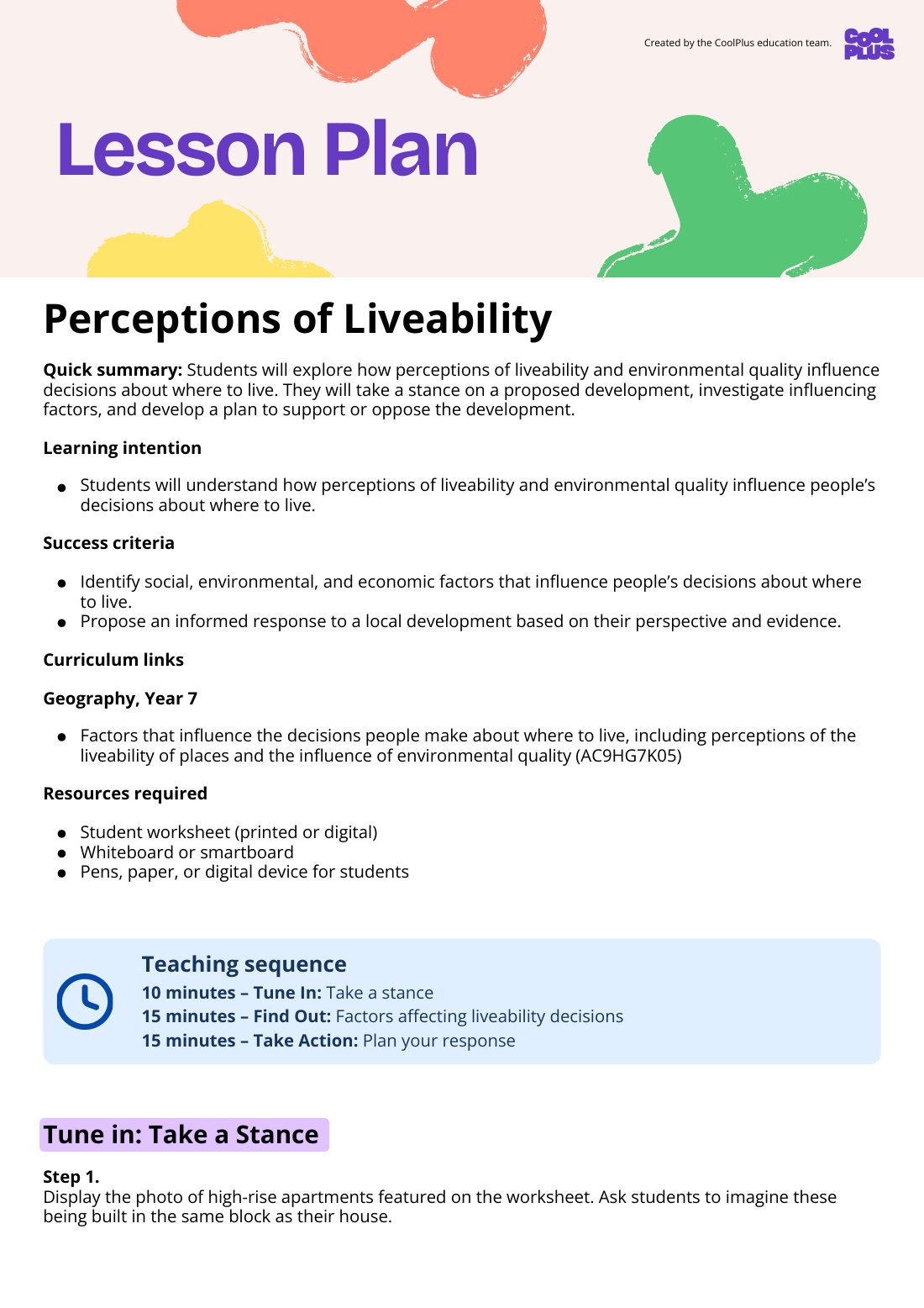 First page of Perceptions of Liveability Lesson Plan