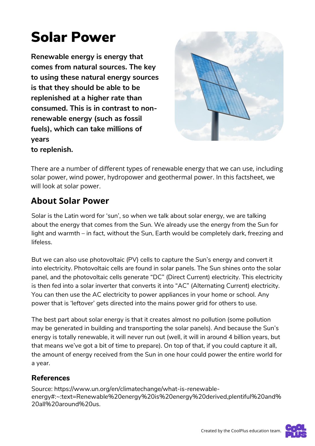 First page of Solar Power Factsheet