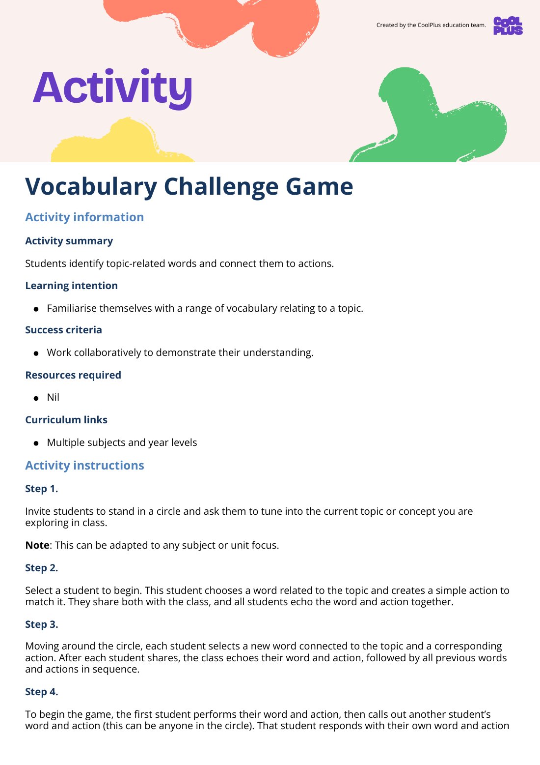 First page of Topic specific Vocabulary Challenge Activity