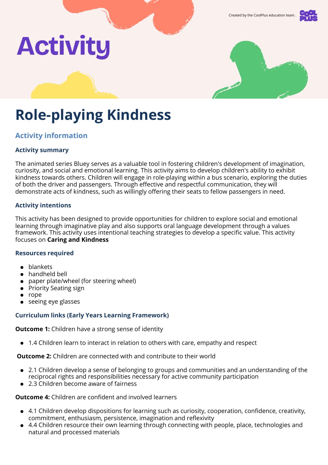 First page of Role-playing Kindness Activity