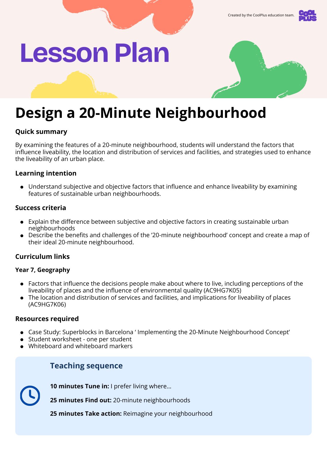 First page of Design a 20-Minute Neighbourhood Lesson Plan