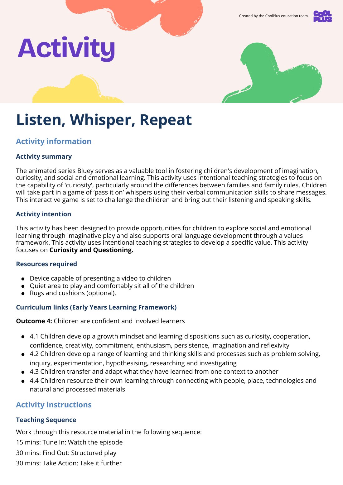 First page of Listen, Whisper, Repeat Activity