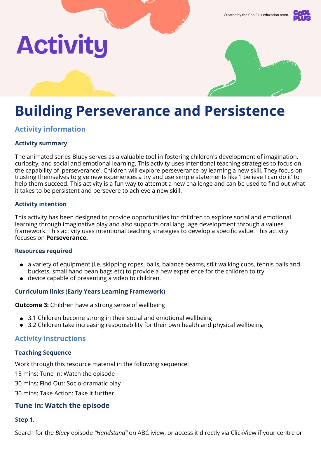 First page of Building Perseverance and Persistence Activity