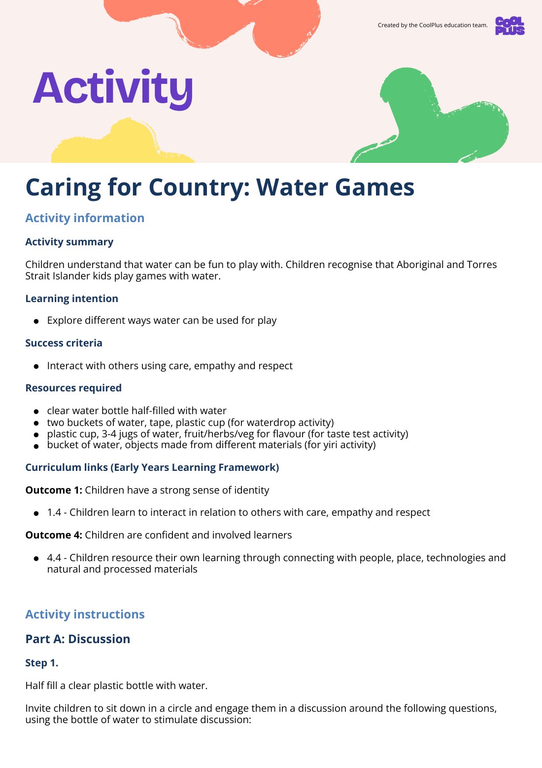 First page of Caring for Country: Water Games Activity