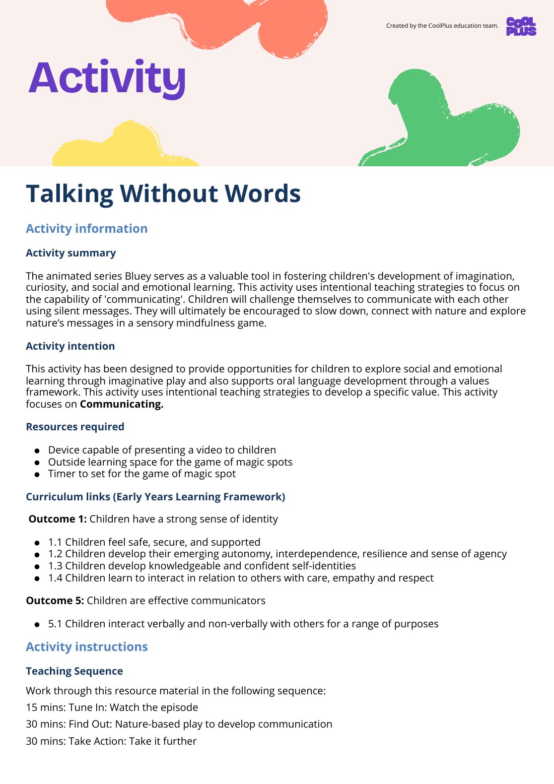 First page of Talking Without Words Activity