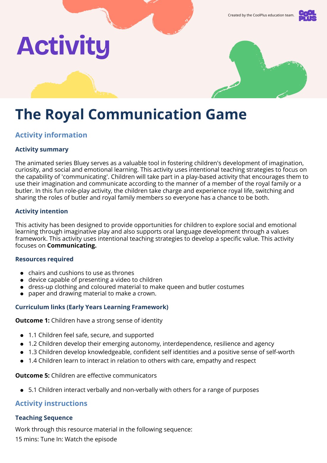 First page of The Royal Communication Game Activity