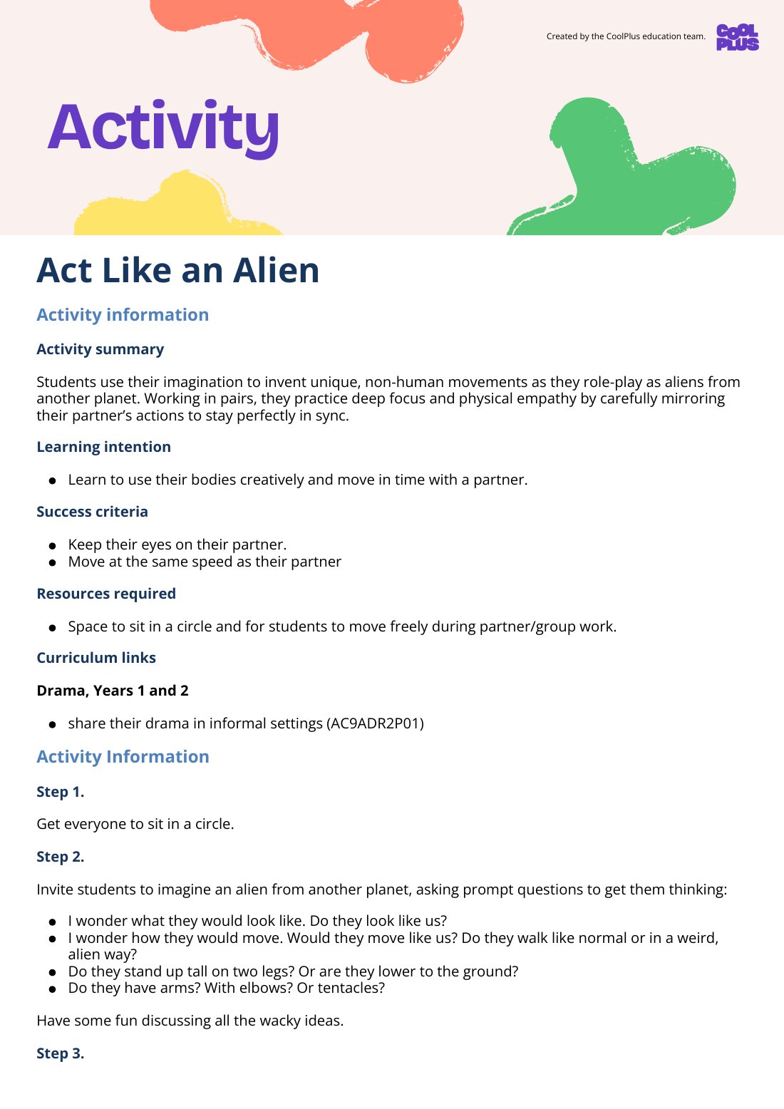 First page of Act Like an Alien Activity
