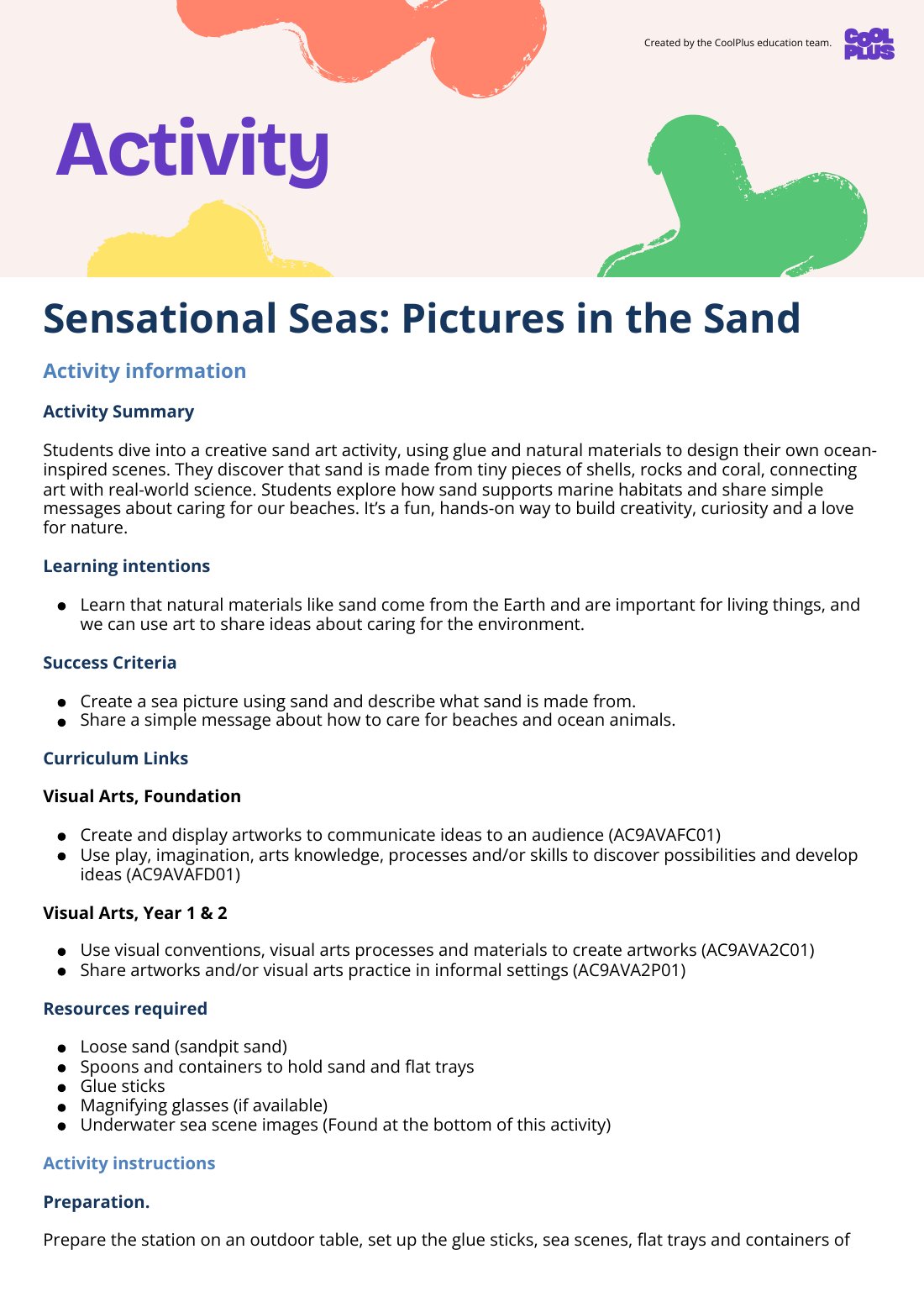 First page of Sensational Seas: Pictures in the Sand Activity