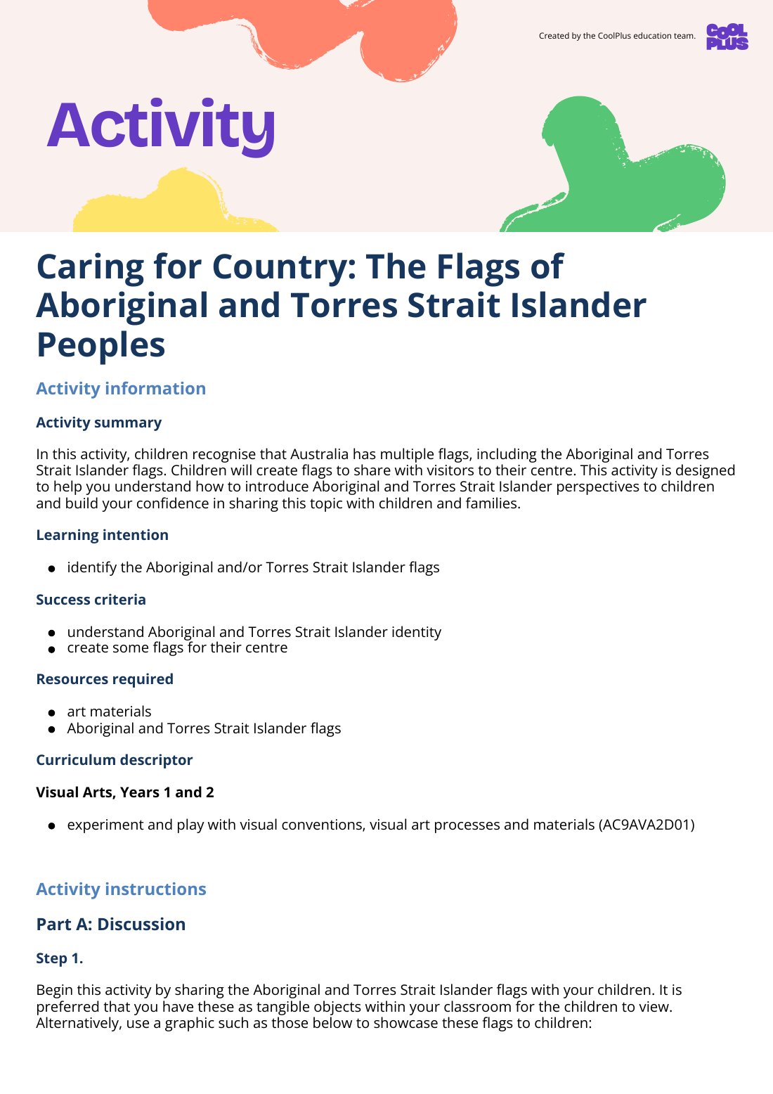 First page of Caring for Country: The Flags of Aboriginal and Torres Strait Islander Peoples Activity