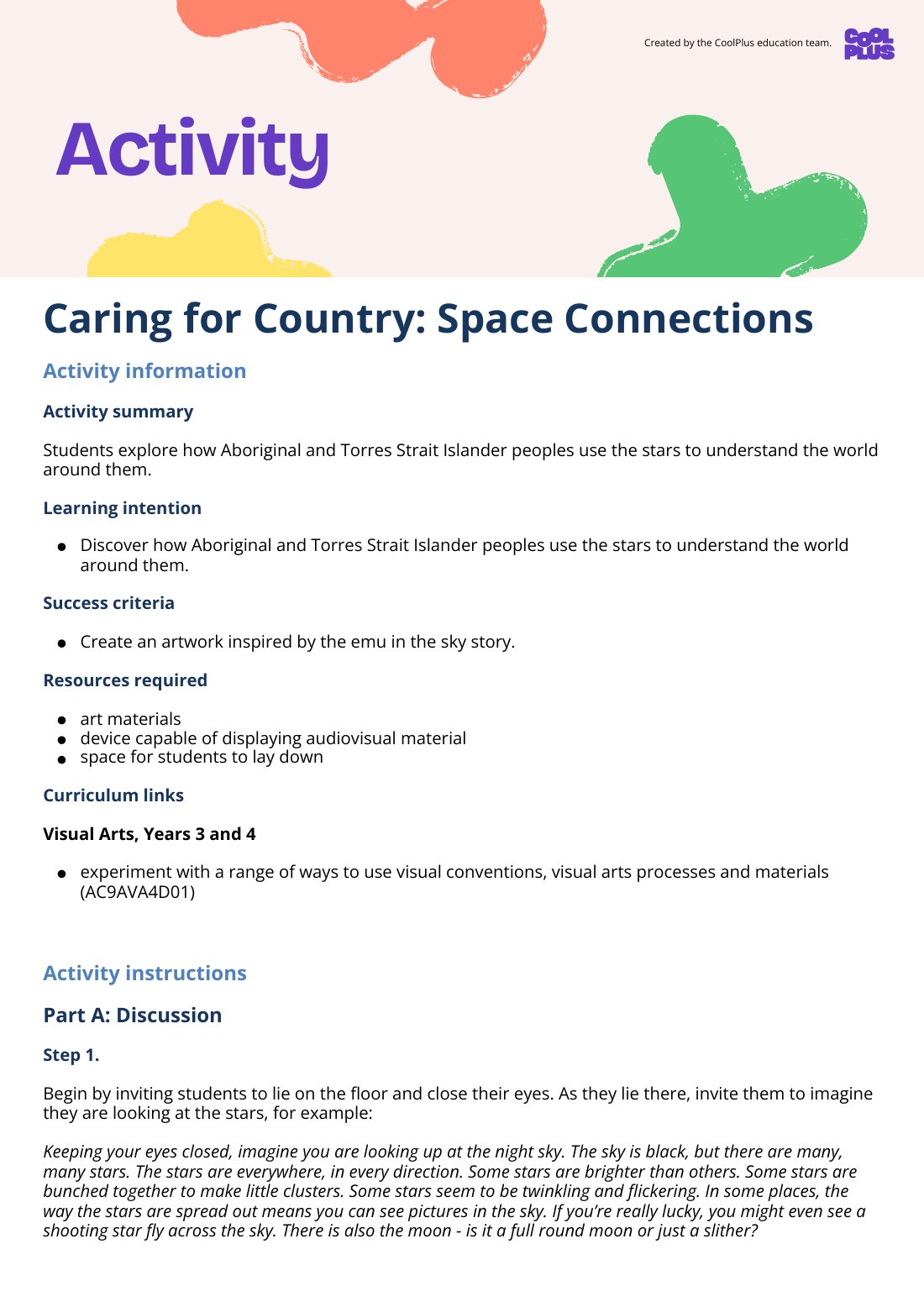 First page of Caring for Country: Space Connections Activity