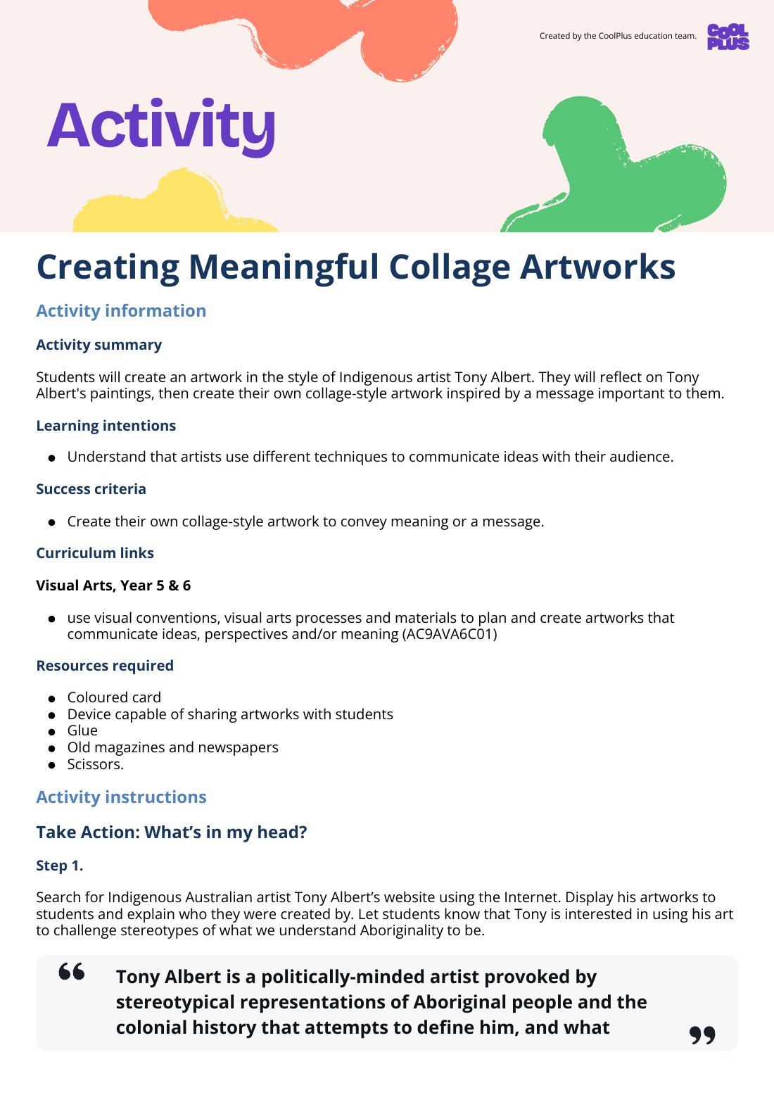 First page of Creating Meaningful Collage Artworks Activity