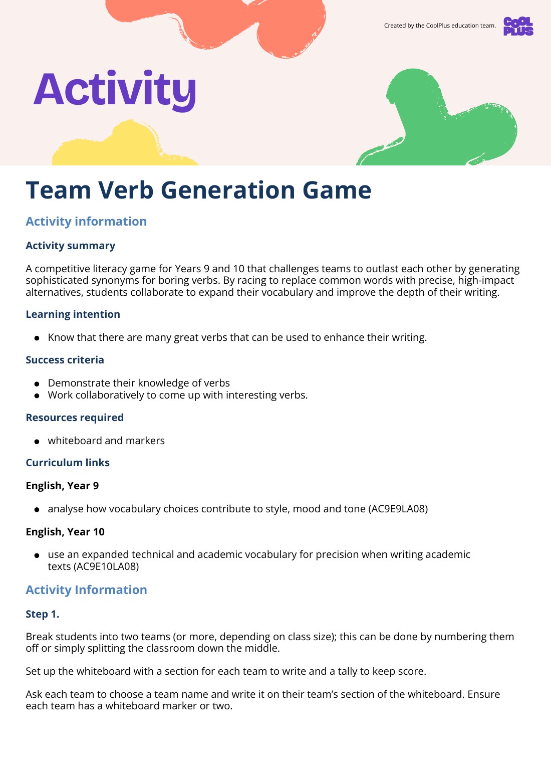 First page of Team Verb Generation Game Activity