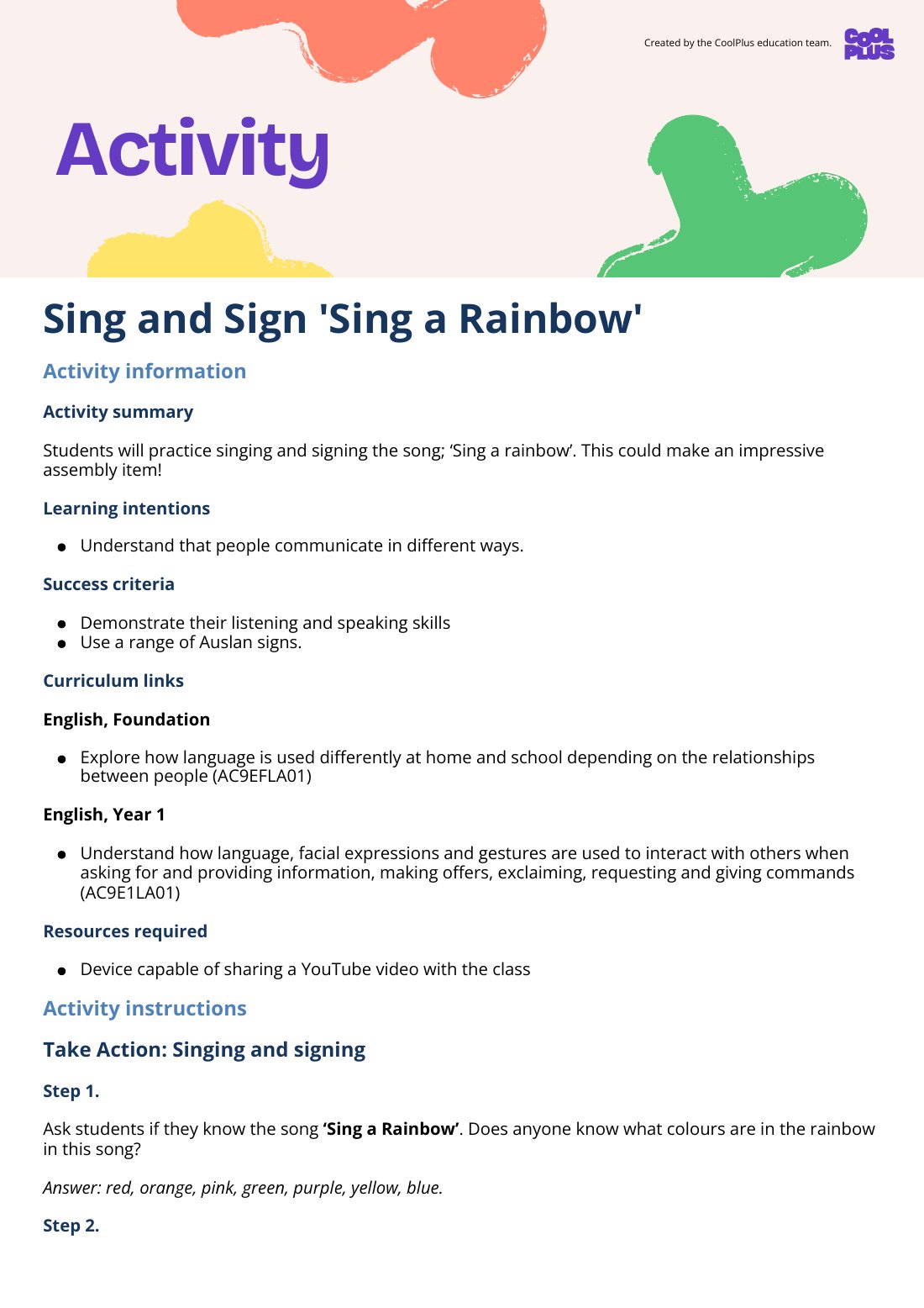 First page of Sing and Sign 'Sing a Rainbow' Activity