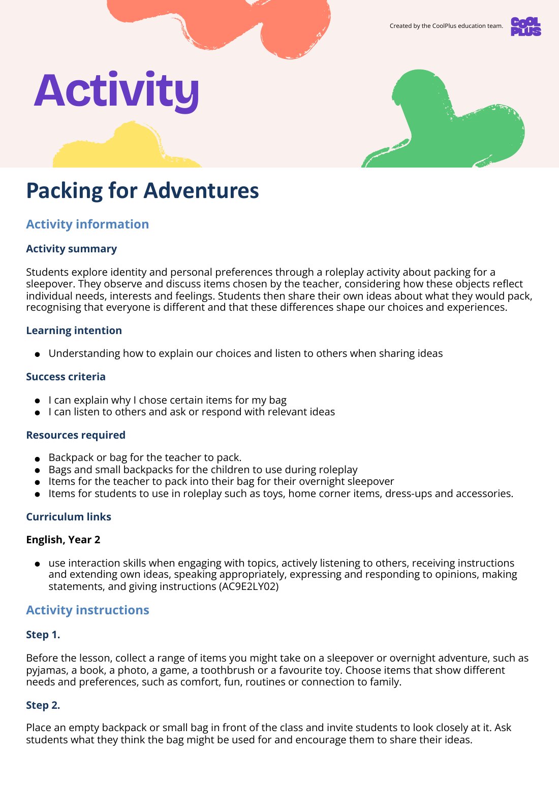 First page of Packing for Adventures Activity