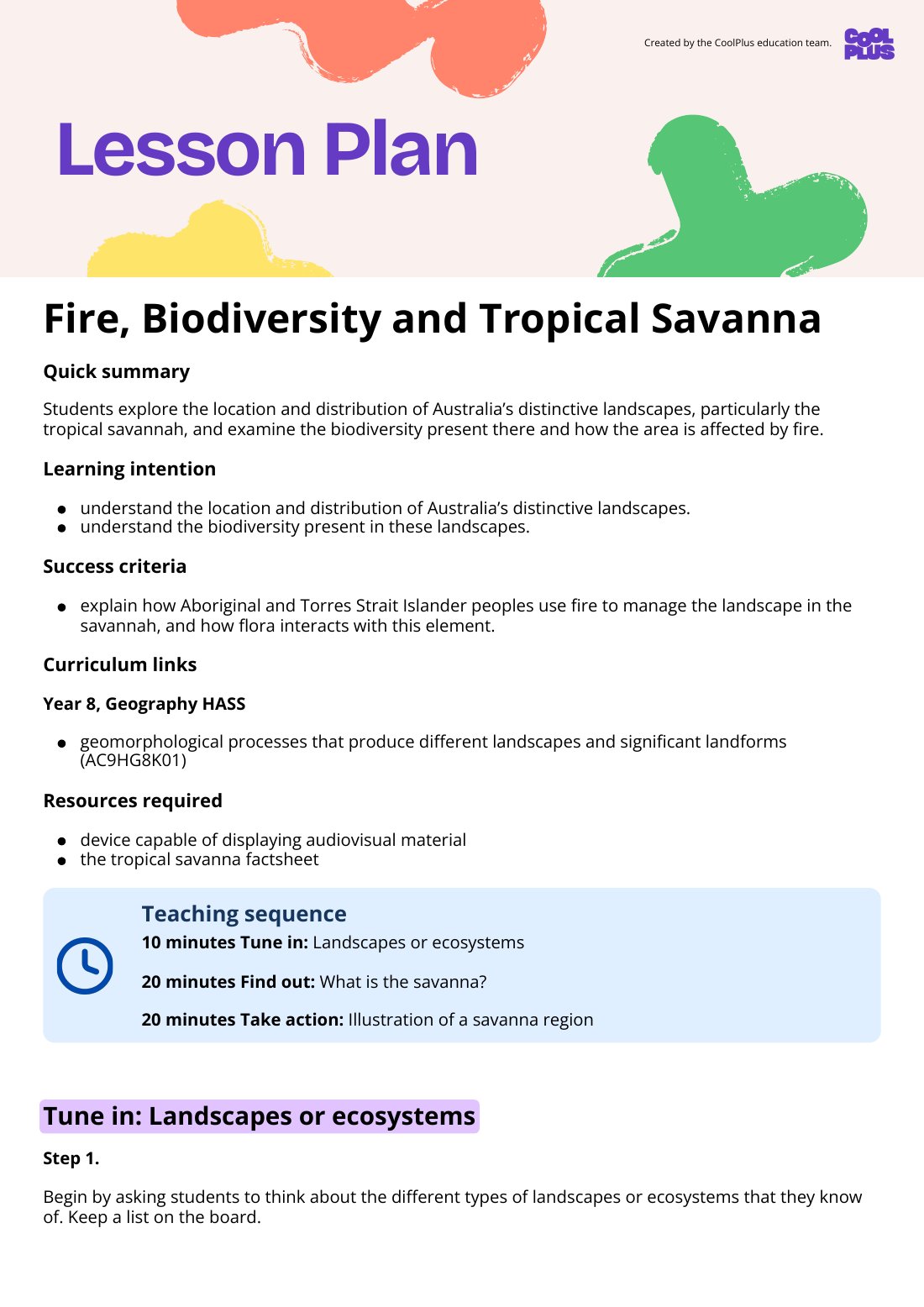First page of Fire, Biodiversity and Tropical Savanna Lesson Plan