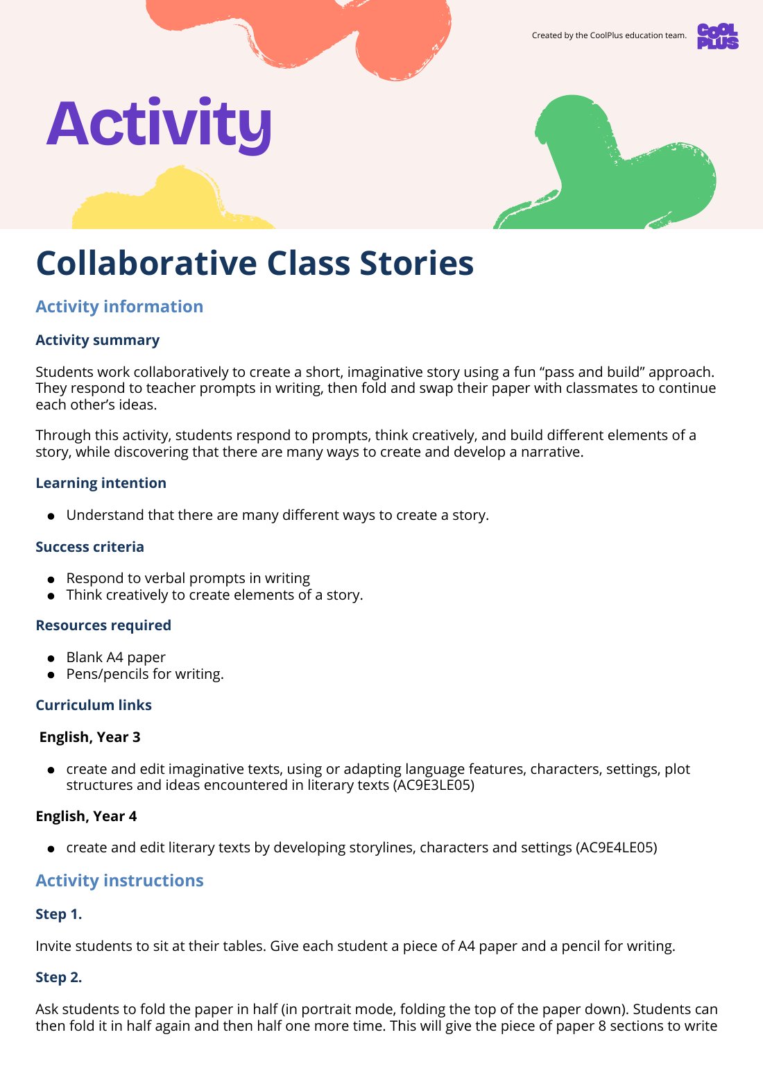 First page of Collaborative Class Stories Activity