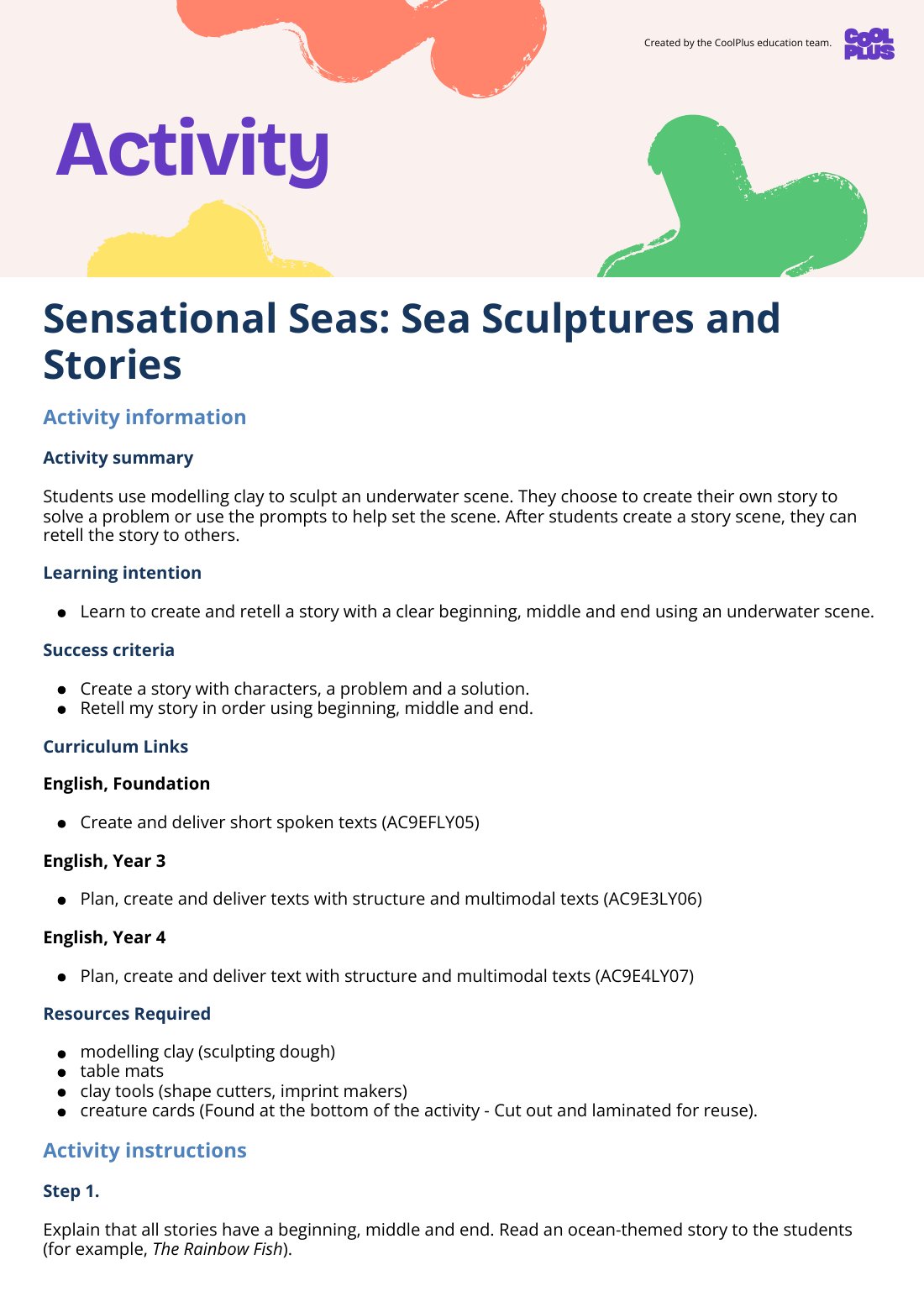 First page of Sensational Seas: Sea Sculptures and Stories Activity