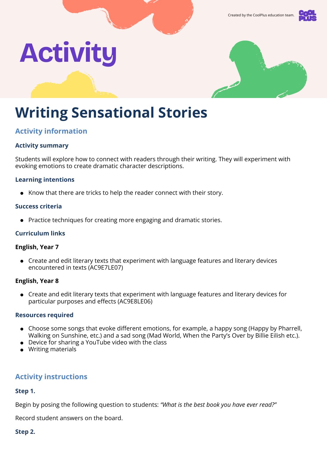 First page of Writing Sensational Stories Activity