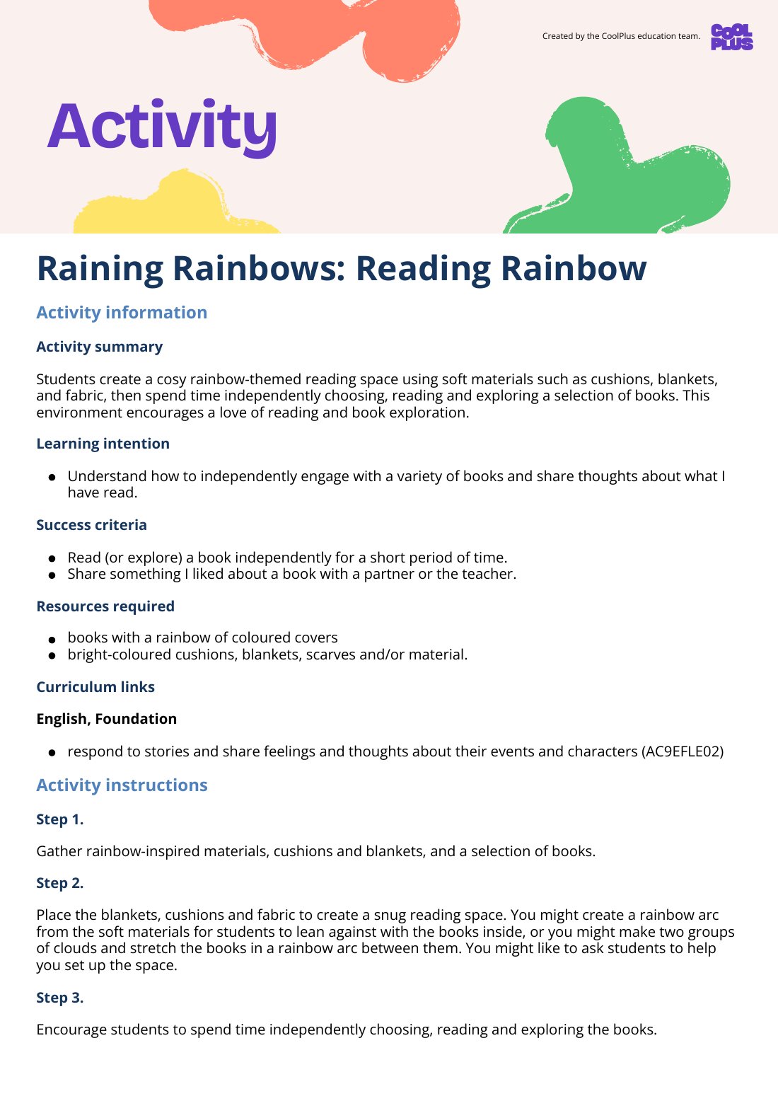 First page of Raining Rainbows: Reading Rainbow Activity