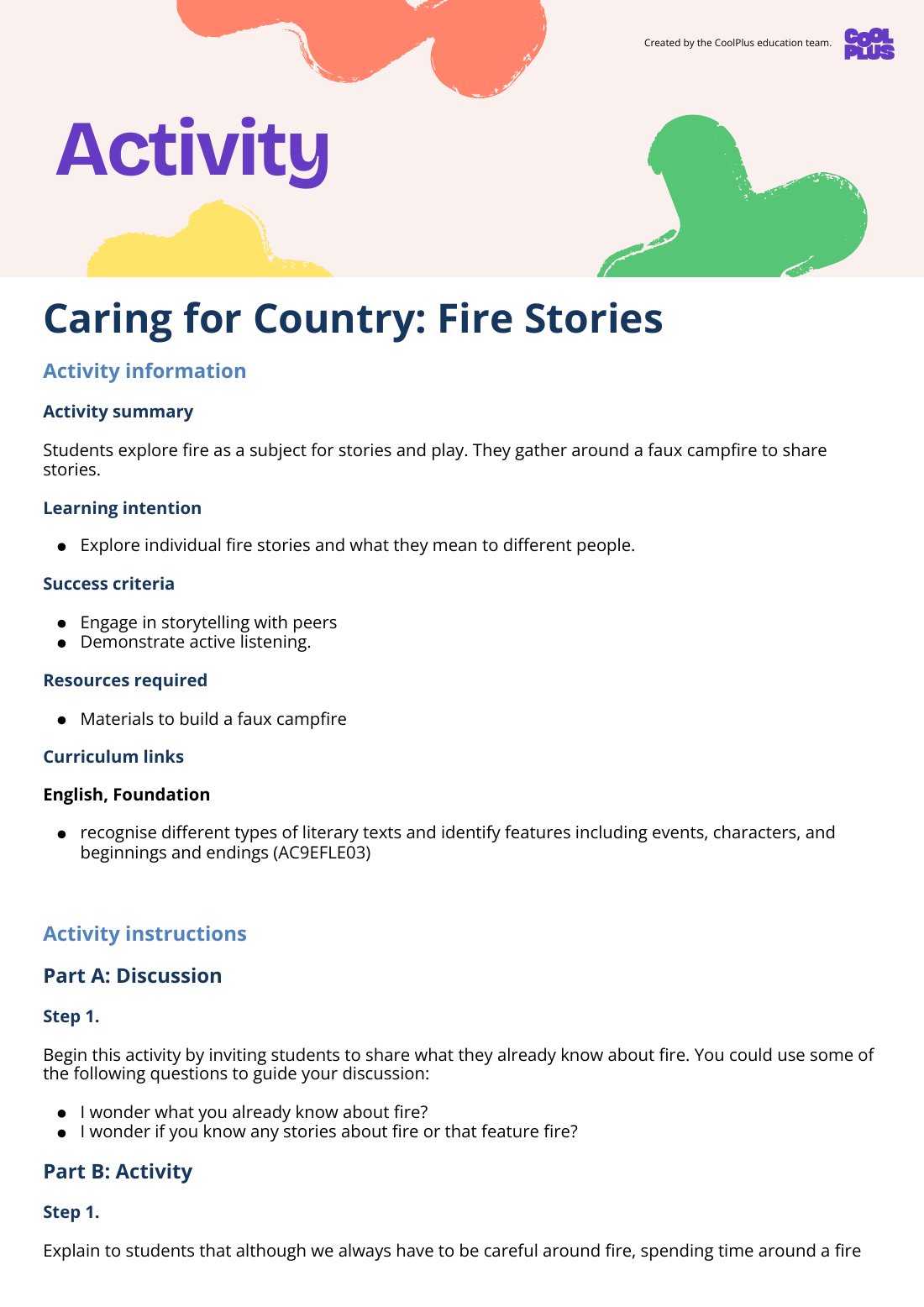 First page of Caring for Country: Fire Stories Activity
