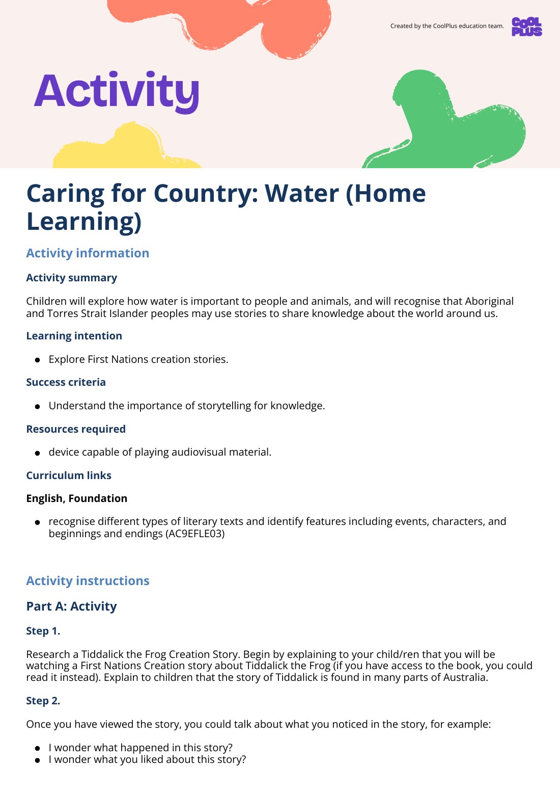 First page of Caring for Country: Water (Home Learning) Activity