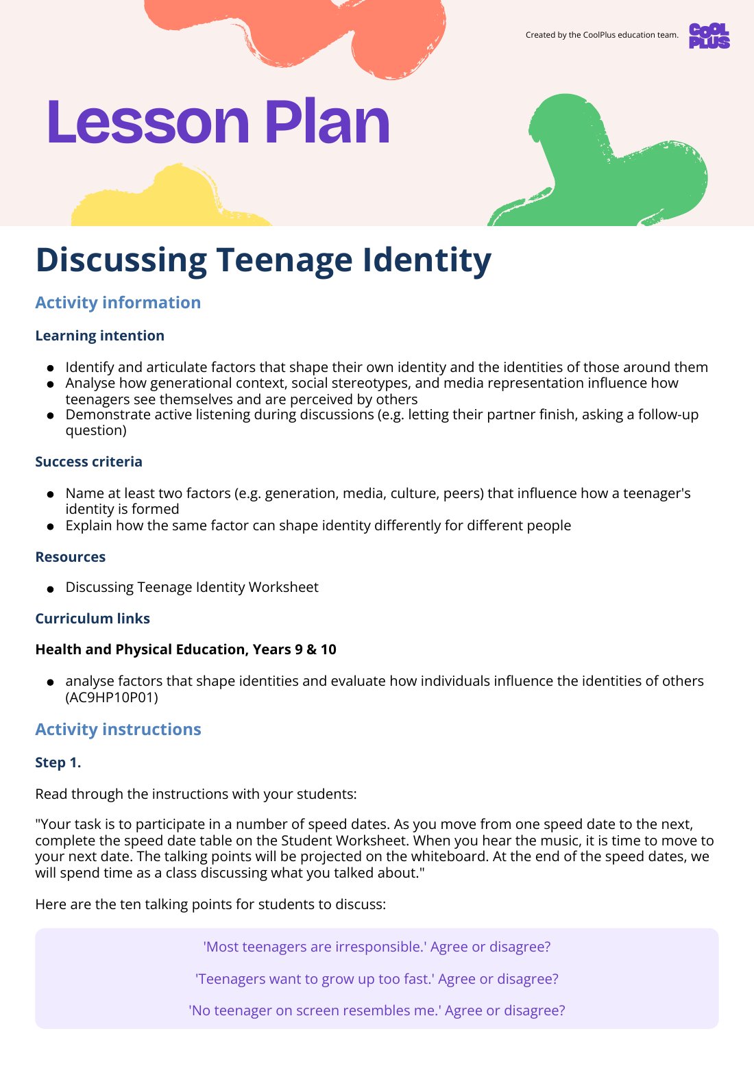 First page of DiscussingTeenage Identity Activity